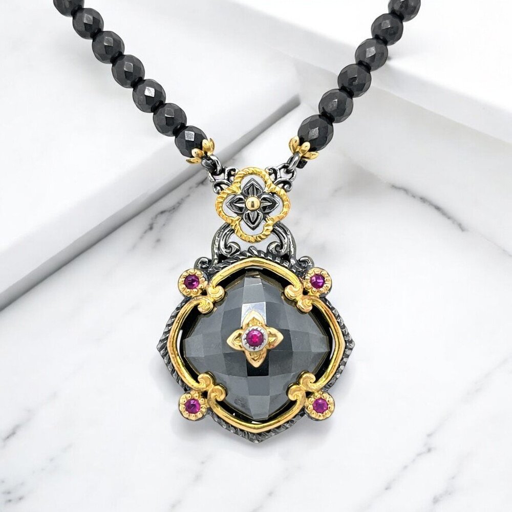 Michael Valitutti Hematite and Ruby Accent Necklace in 925 Sterling Silver